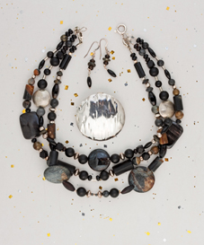 BLACK IS BLACK - silver, onyx, picaso jasper, pyrities triple necklace, 2 strings are detachable, bracelet extension, eardrops.